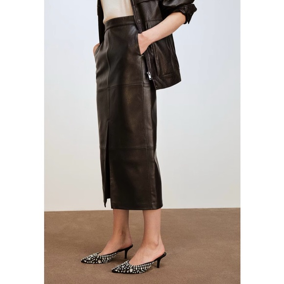 H&M Edition Dark Brown Vegan Leather Paneled Midi Skirt Size 2 - Picture 1 of 13